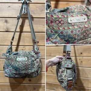 Fossil Tapestry Canvas & Leather Shoulder Bag – Adjustable Crossbody Purse